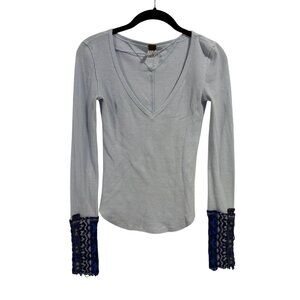 Free People Art School Cuff‎ Long Sleeve Waffle Knit Thermal Blue Size XS